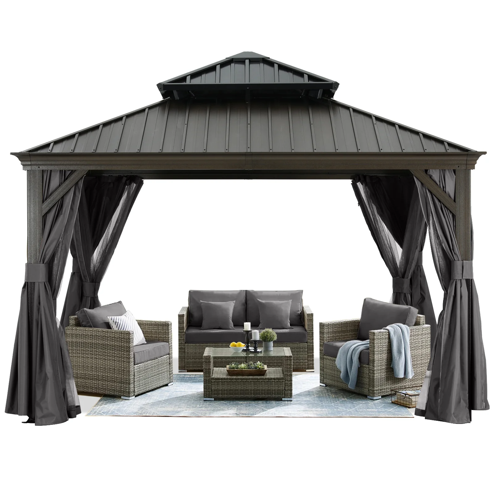 Hardtop Gazebo - Outdoor Permanent Double Top Gazebo With Netting